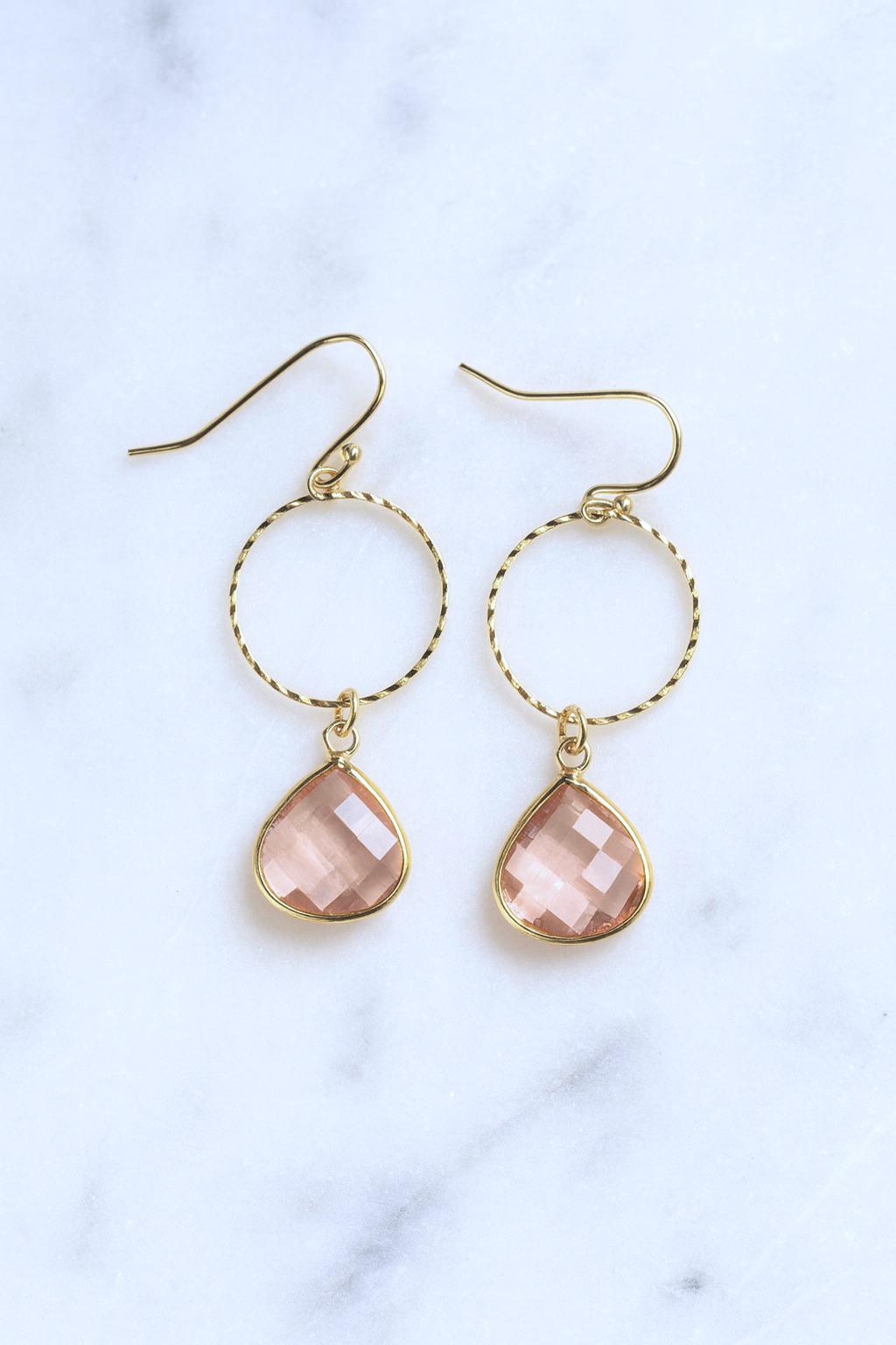 Rose Quartz Glass Dangle Hoop Earrings, Gold Hoop Earrings with Crystal Teardrop Charm, Gemstone Dangle Earrings, Jewelry Gift for Her