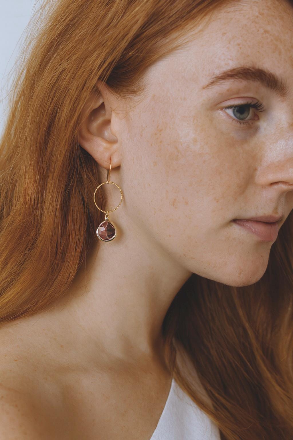 Dusty Rose Glass Charm Hoop Earrings, Gold Hoop Earrings with Crystal Teardrop, Gemstone Dangle Earrings
