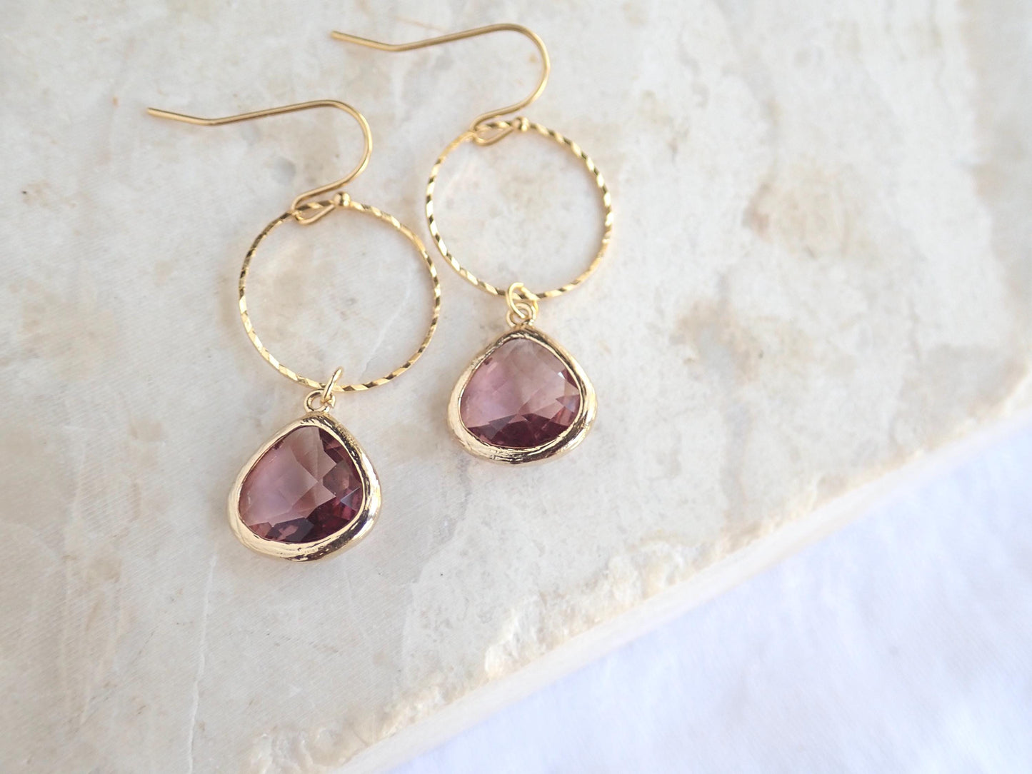 Dusty Rose Glass Charm Hoop Earrings, Gold Hoop Earrings with Crystal Teardrop, Gemstone Dangle Earrings