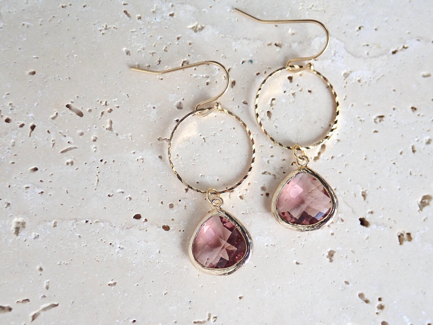 Dusty Rose Glass Charm Hoop Earrings, Gold Hoop Earrings with Crystal Teardrop, Gemstone Dangle Earrings