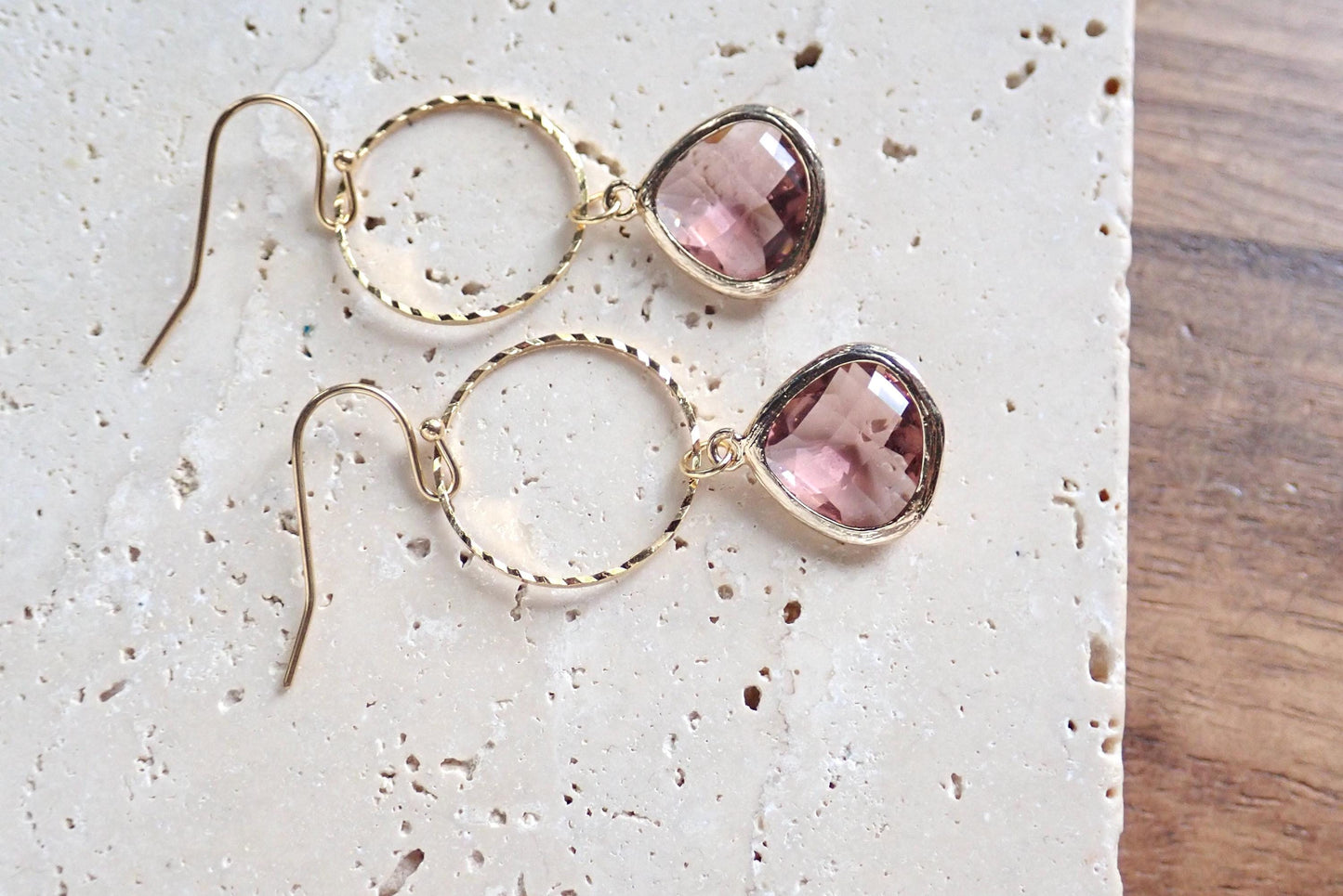 Dusty Rose Glass Charm Hoop Earrings, Gold Hoop Earrings with Crystal Teardrop, Gemstone Dangle Earrings