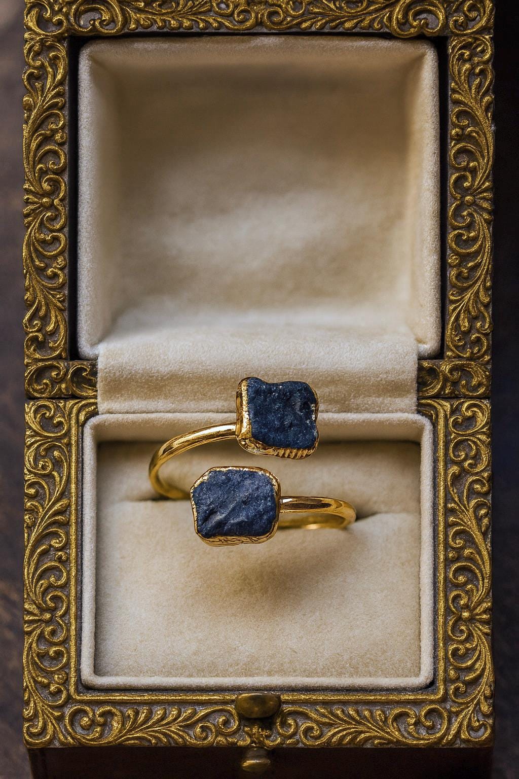 Raw Sapphire Adjustable Ring – 14k Gold Open Wrap Ring with Two Natural Blue Gemstones, September Birthstone Jewelry
