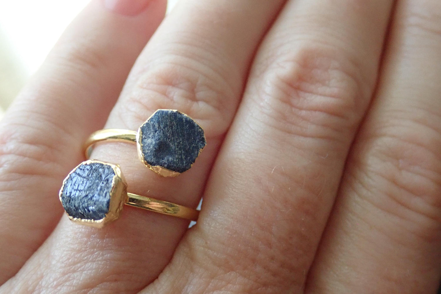 Raw Sapphire Adjustable Ring – 14k Gold Open Wrap Ring with Two Natural Blue Gemstones, September Birthstone Jewelry