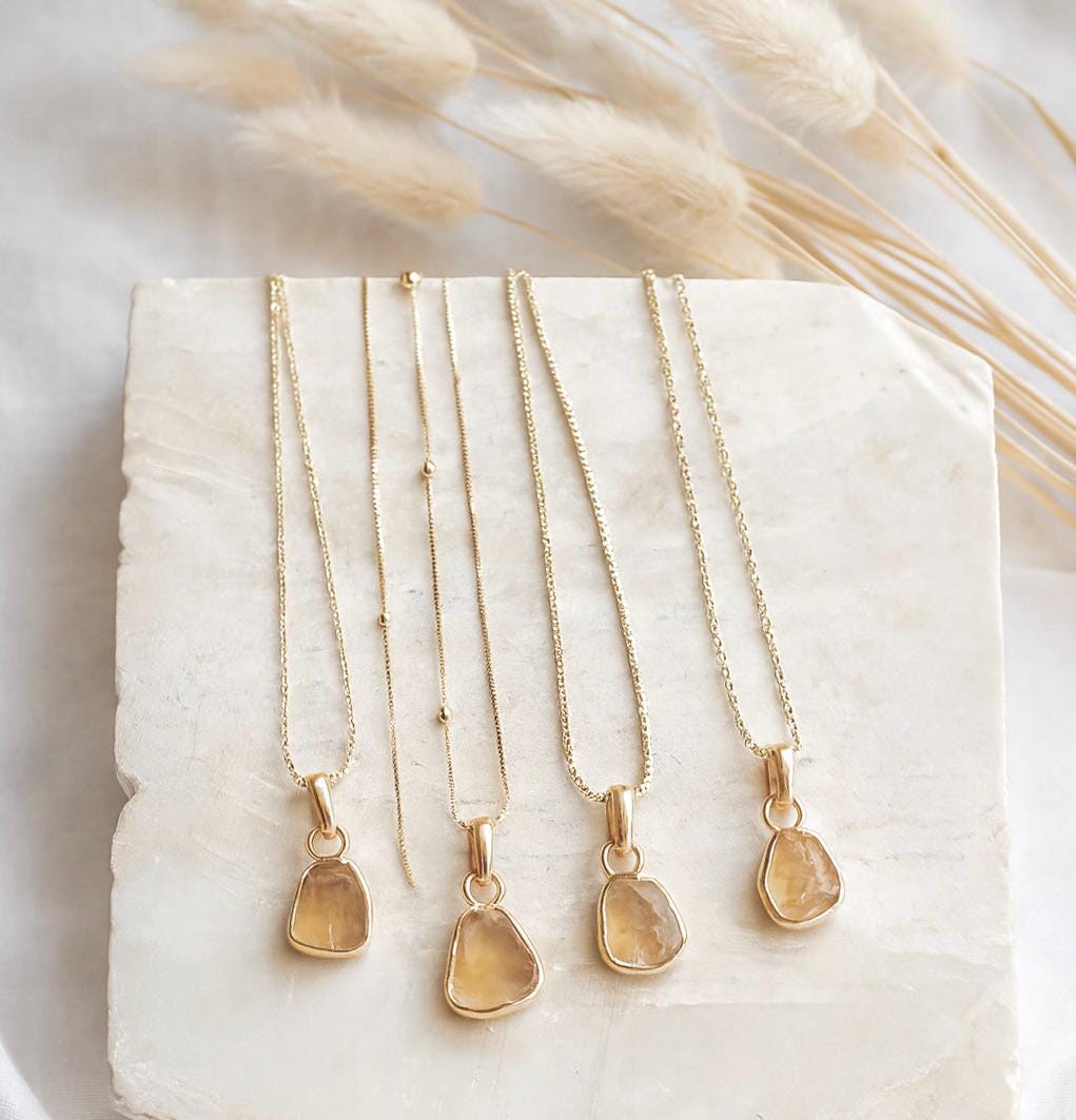 Raw Citrine Pendant Necklace - Genuine November Birthstone, Natural Gemstone Necklace with 18K Gold Fill Chain