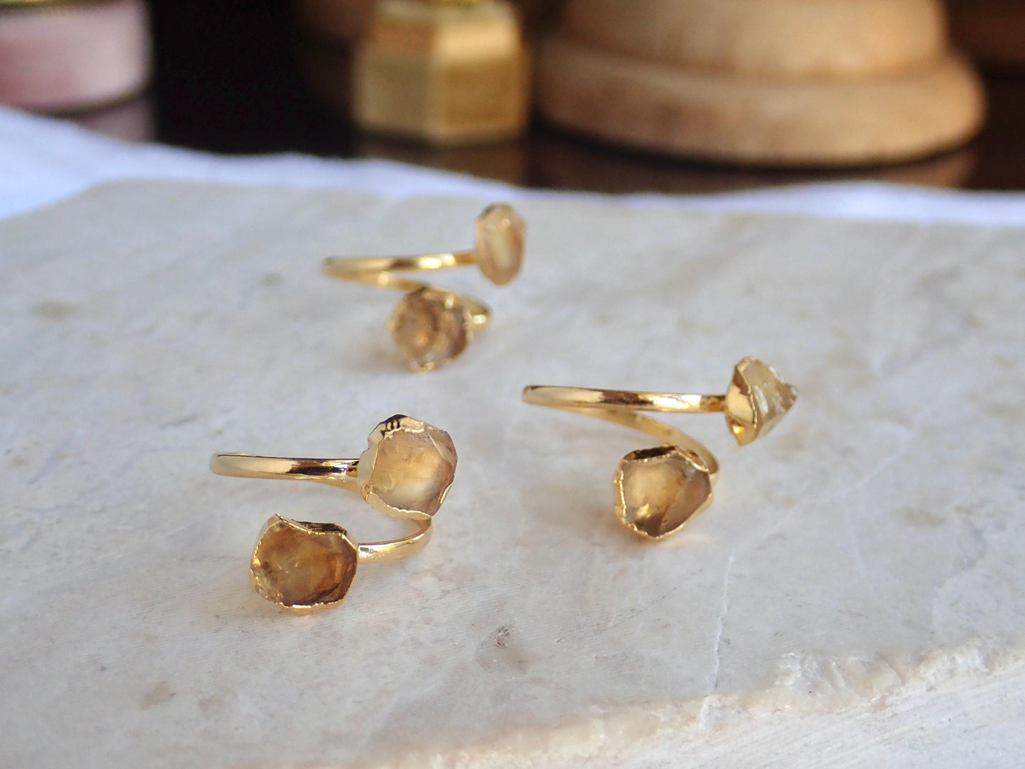 Raw Citrine Adjustable Ring – 14k Gold Open Wrap Ring with Two Natural Yellow Gemstones –November Birthstone Jewelry, Citrine Ring Gift