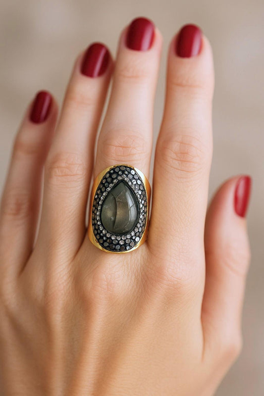 Labradorite Ring - Large Gemstone Ring, Chunky Gold Ring,Cigar Ring