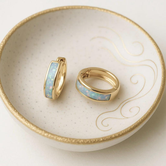 Opal Inlay Huggie Hoops, Small Opal Hoop Earrings,Dainty Gold Gemstone Hoops,Small White Opal Hoops, Opal Jewelry, October Birthstone Gift