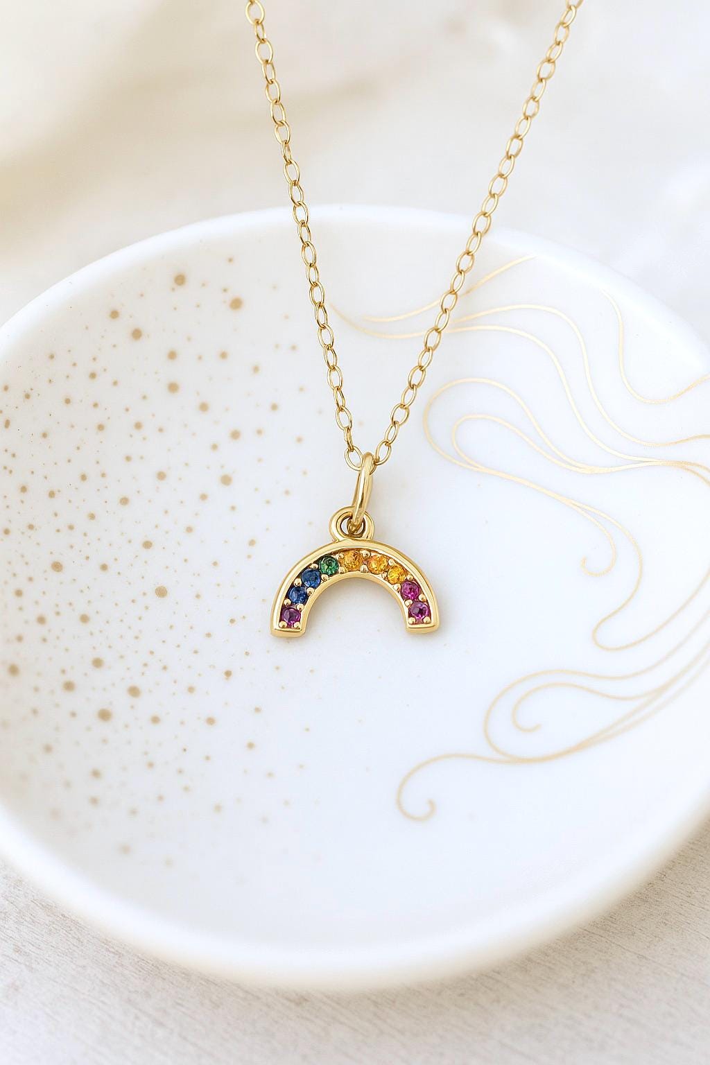 Dainty Rainbow Necklace in 18k Gold, Multi Gemstone Arc Pendant, Pride Jewelry, Colorful Crystal Jewelry Gift for Her, Minimalist Necklace