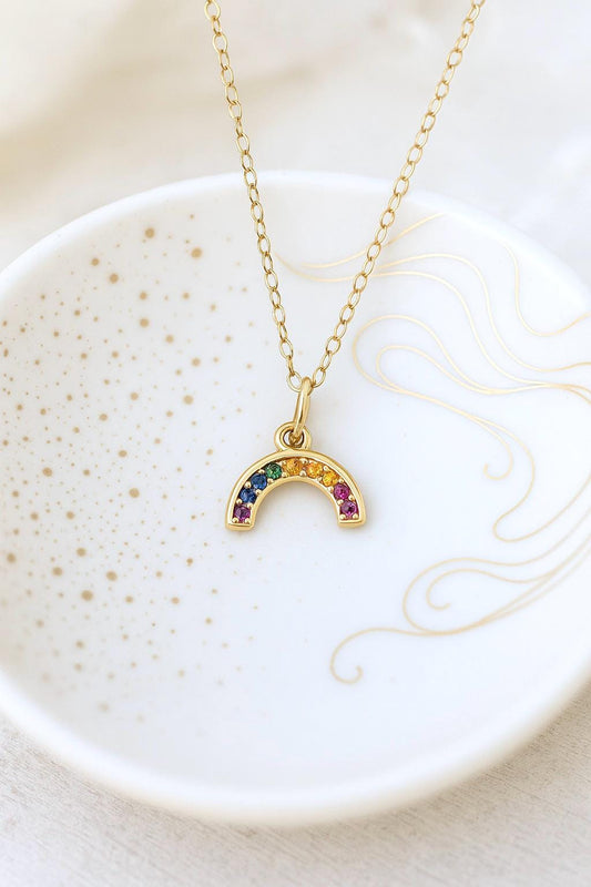 Dainty Rainbow Necklace in 18k Gold, Multi Gemstone Arc Pendant, Pride Jewelry, Colorful Crystal Jewelry Gift for Her, Minimalist Necklace
