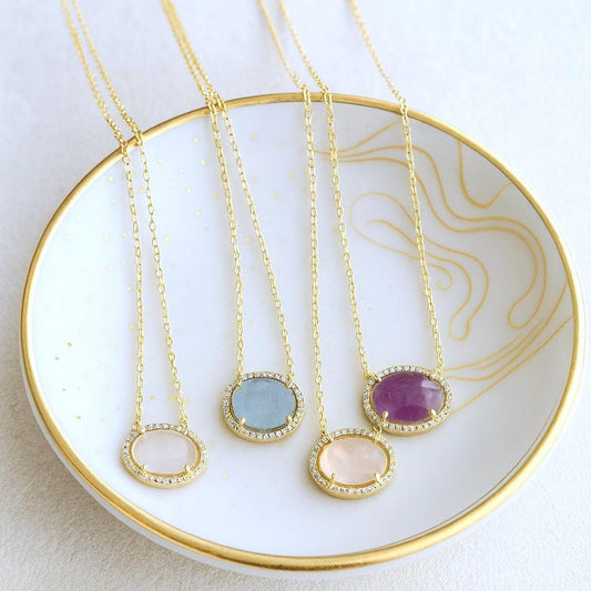 Gold Bezel Birthstone Necklaces in Aquamarine  Rose Quartz  Amethyst or Moonstone | Dainty Pavé Gemstone Pendant Necklace