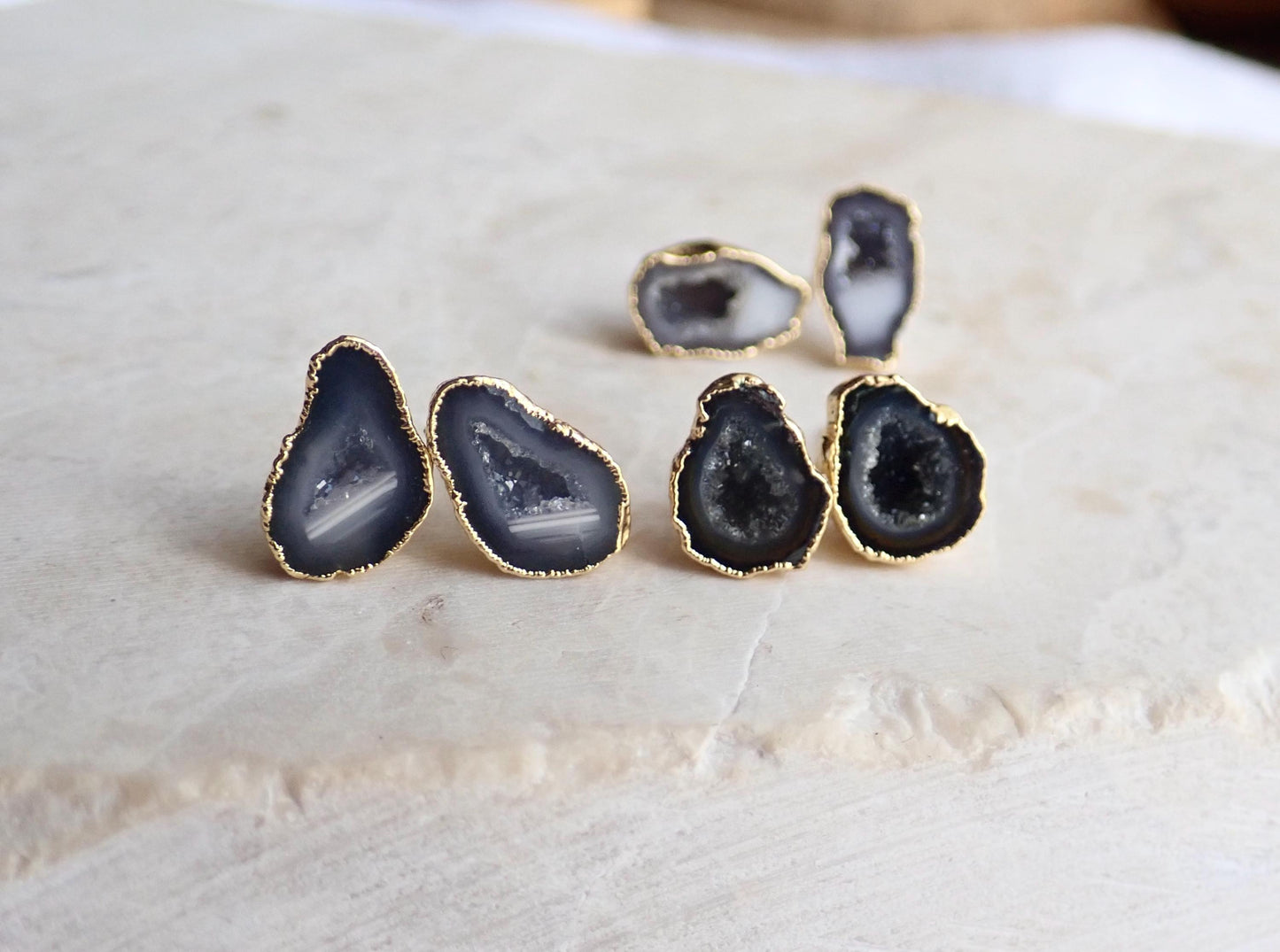 Natural Geode Druzy Stud Earrings | Raw Crystal Agate Slice Earrings | Boho Gemstone Jewelry Gift