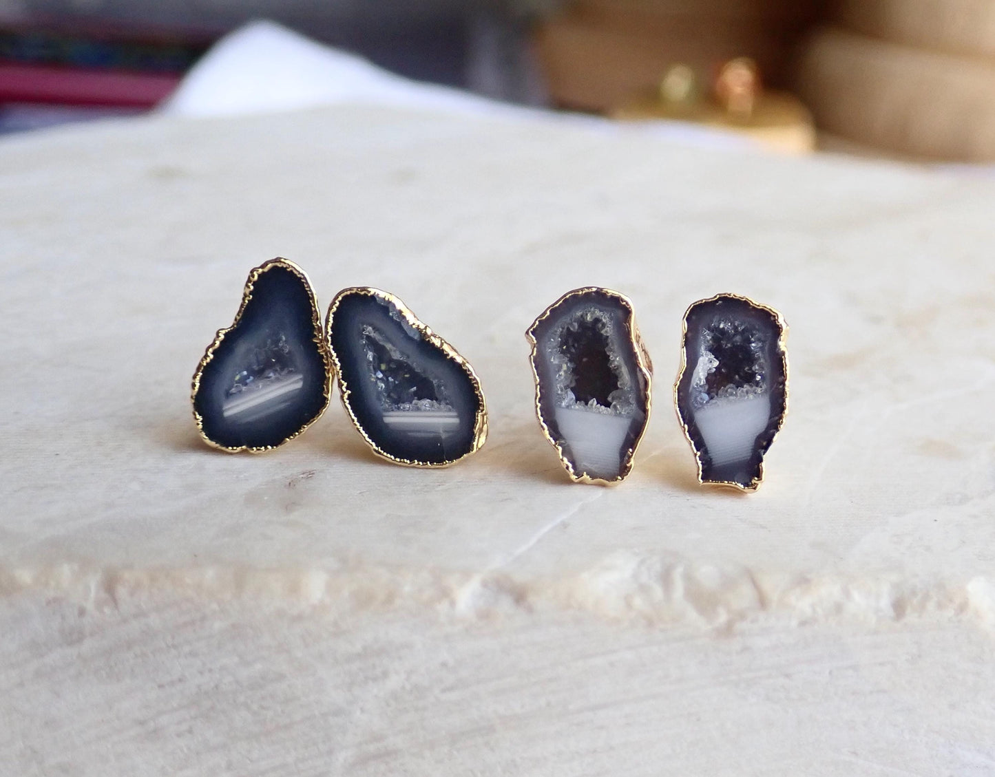 Natural Geode Druzy Stud Earrings | Raw Crystal Agate Slice Earrings | Boho Gemstone Jewelry Gift