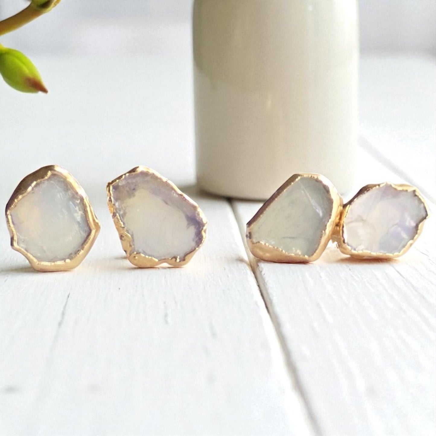 Clear Fire Opal Stud Earrings, October Birthstone Earrings, Opal Jewelry Gift