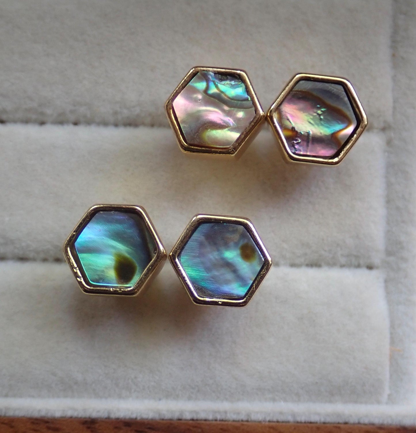 Hexagon Abalone Shell Stud Earrings in Gold – Iridescent Mother of Pearl Studs, Minimalist Geometric Earrings