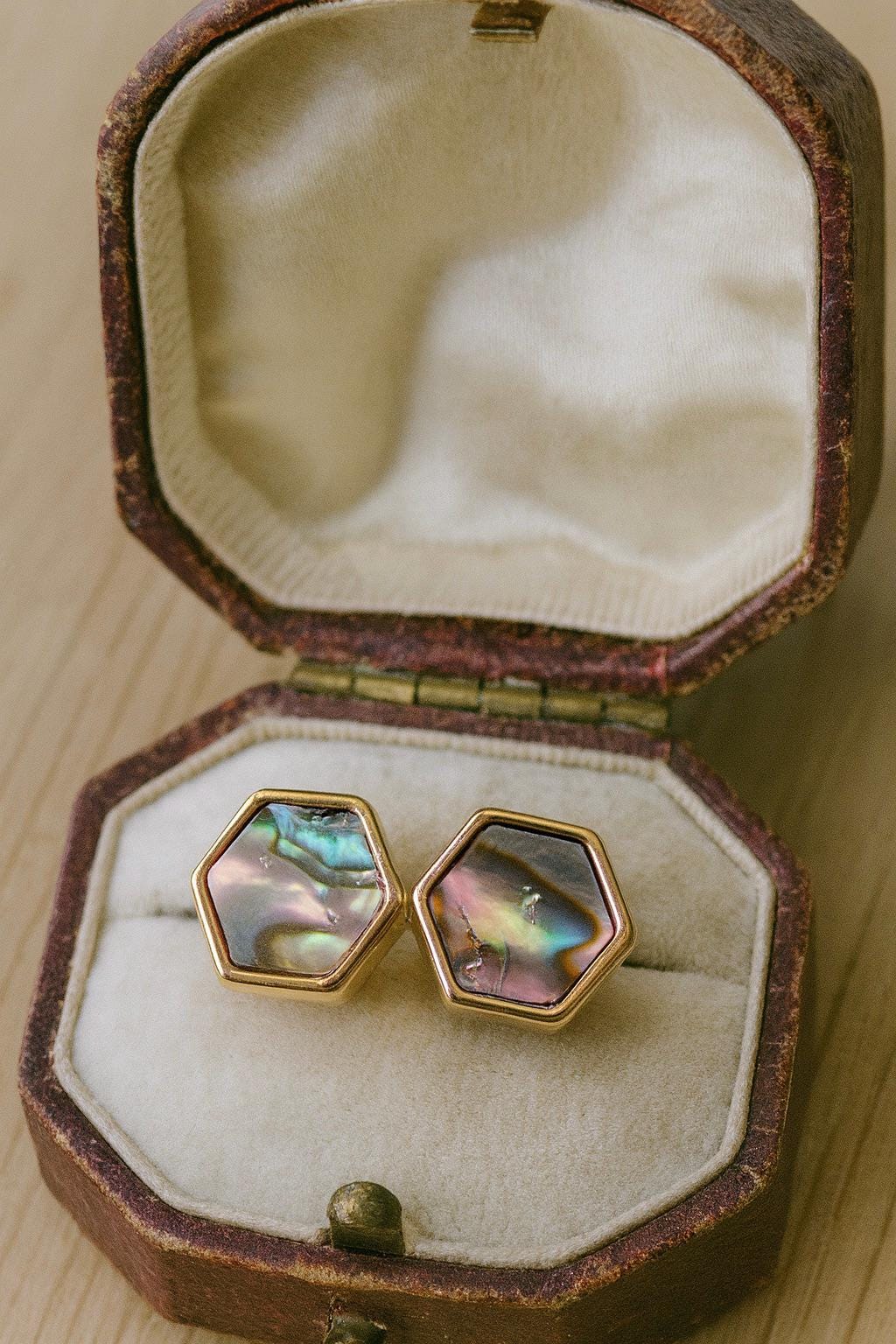 Hexagon Abalone Shell Stud Earrings in Gold – Iridescent Mother of Pearl Studs, Minimalist Geometric Earrings
