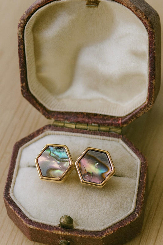 Hexagon Abalone Shell Stud Earrings in Gold – Iridescent Mother of Pearl Studs, Minimalist Geometric Earrings