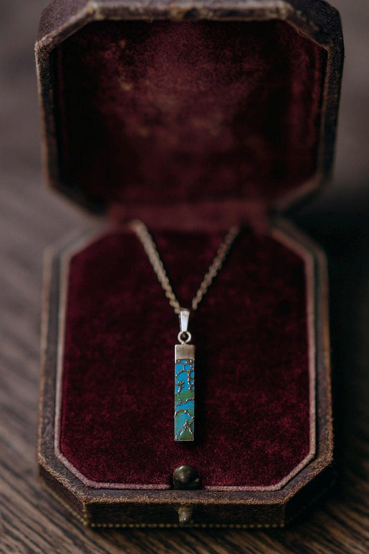 Dainty Copperized Turquoise Bar Necklace in Gold, Mojave Turquoise Pendant Necklace