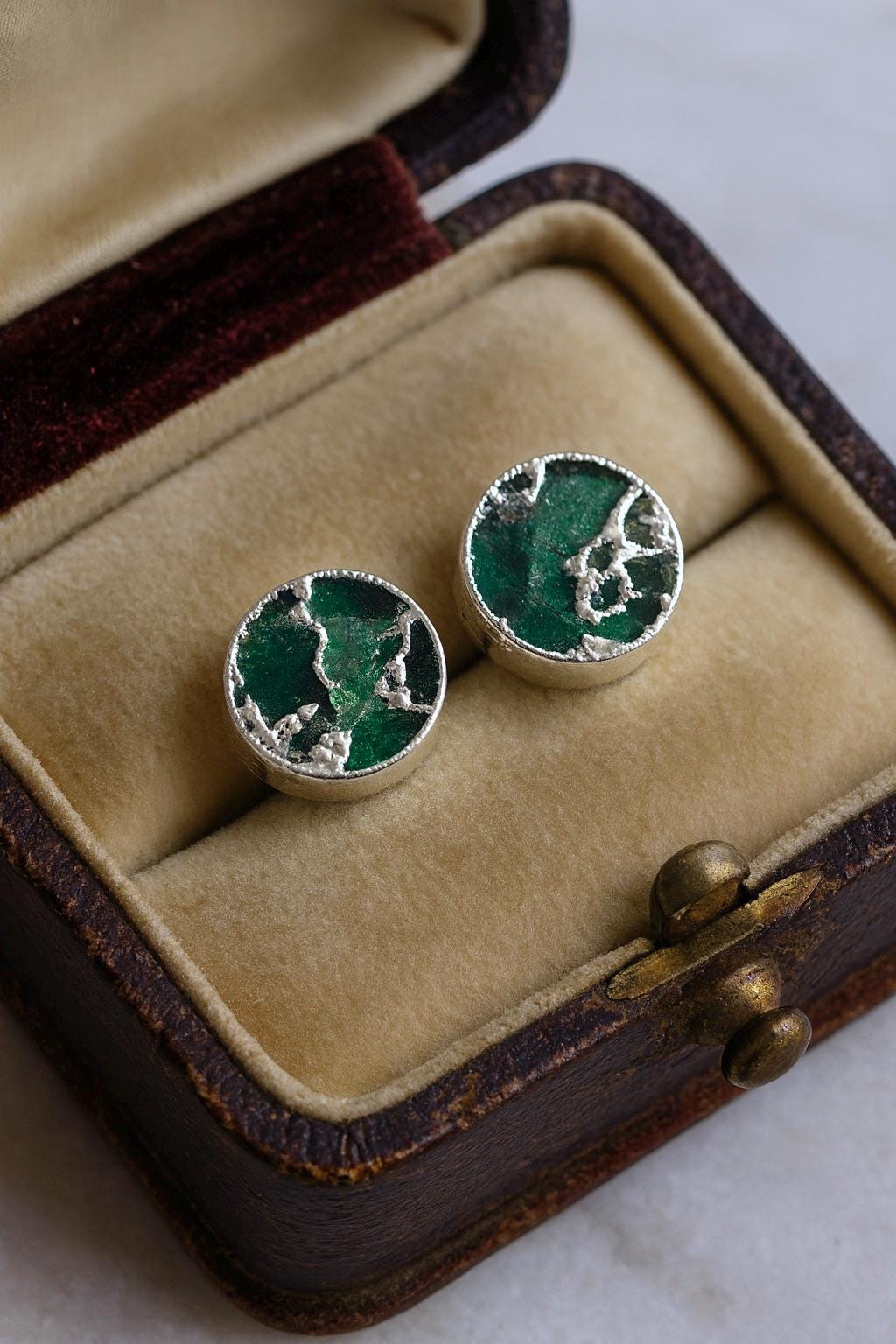 Emerald Green Mojave Gemstone Stud Earrings Silver | Dyed Jade Kintsugi Style Earrings, Round Minimalist Boho Post Earrings