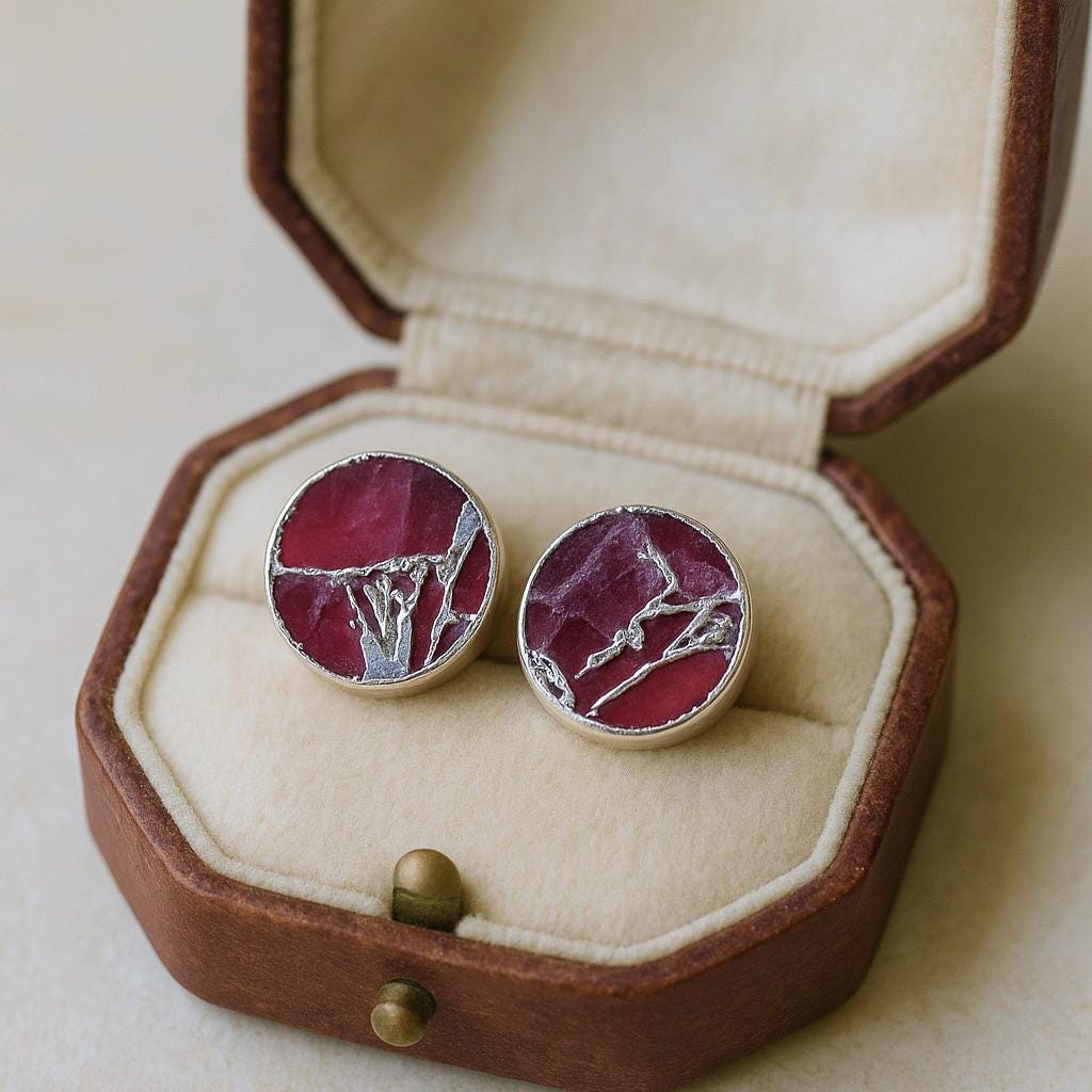 Berry Garnet Mojave Stud Earrings Silver – Round Gemstone Studs with Veining | Boho Minimalist Jewelry, January Birthstone Gift for Her