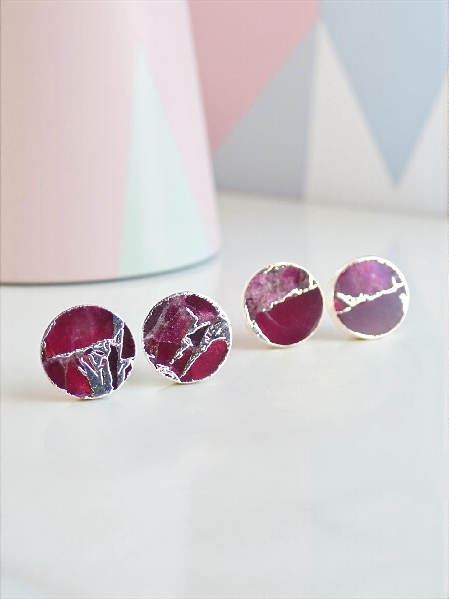 Berry Garnet Mojave Stud Earrings Silver – Round Gemstone Studs with Veining | Boho Minimalist Jewelry, January Birthstone Gift for Her