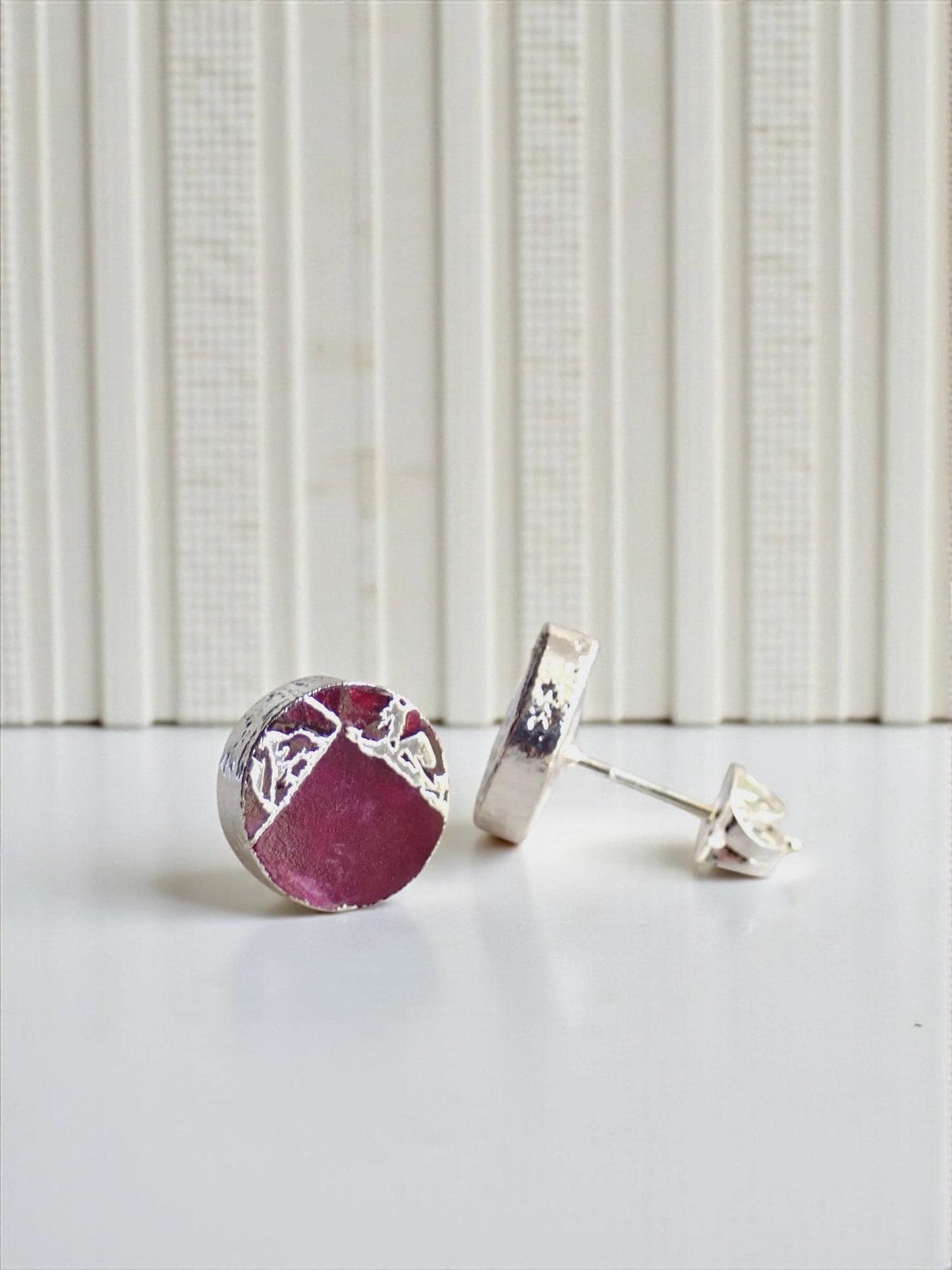 Berry Garnet Mojave Stud Earrings Silver – Round Gemstone Studs with Veining | Boho Minimalist Jewelry, January Birthstone Gift for Her