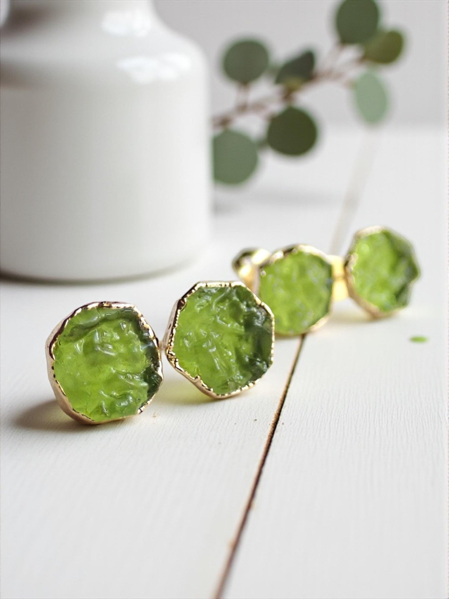 Raw Moldavite Stud Earrings, Man-made Gemstone Post Earrings, Lab-Created Green Crystal Earrings, August Birthstone Jewelry Gift