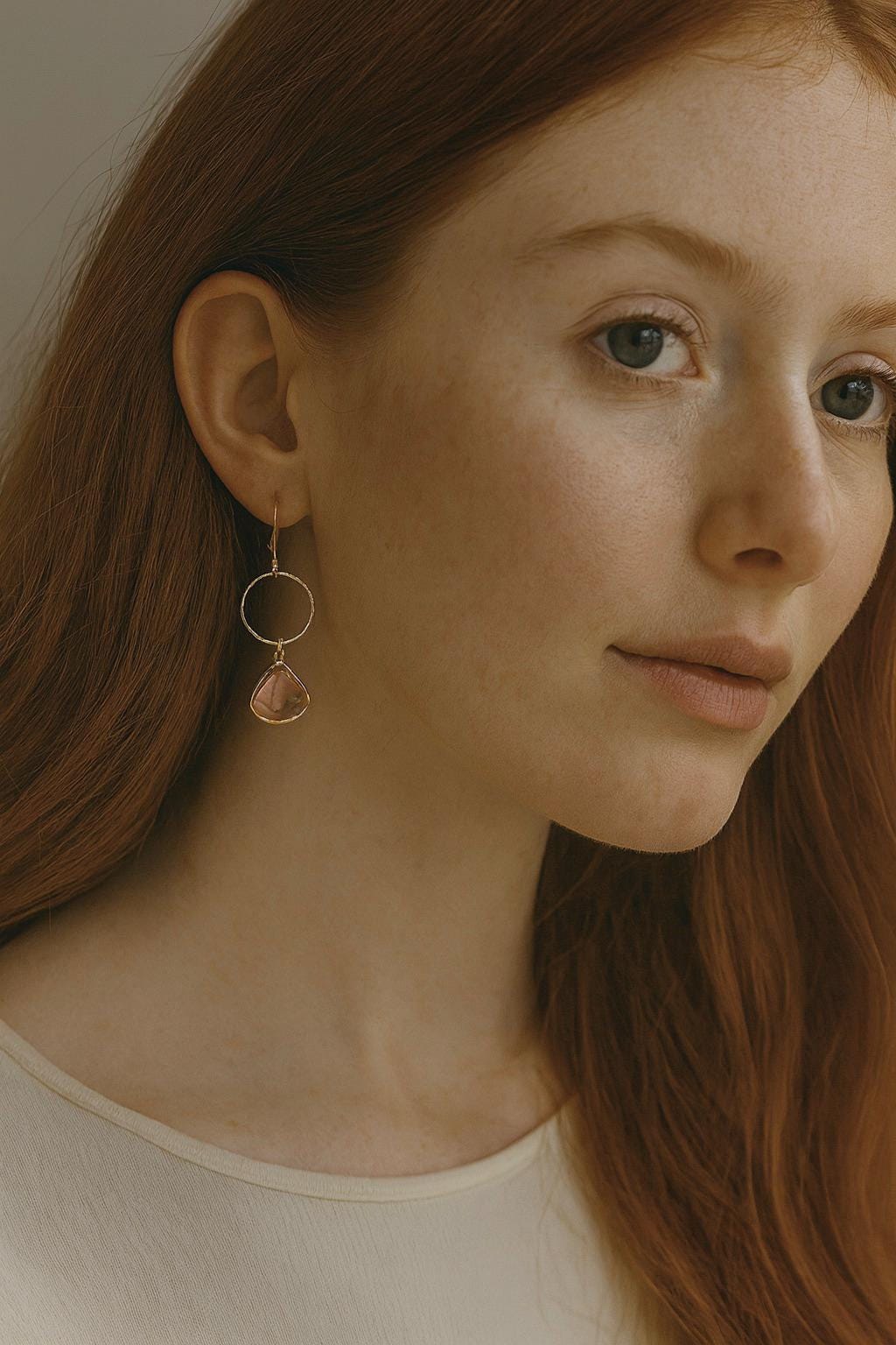 Rose Quartz Glass Dangle Hoop Earrings, Gold Hoop Earrings with Crystal Teardrop Charm, Gemstone Dangle Earrings, Jewelry Gift for Her