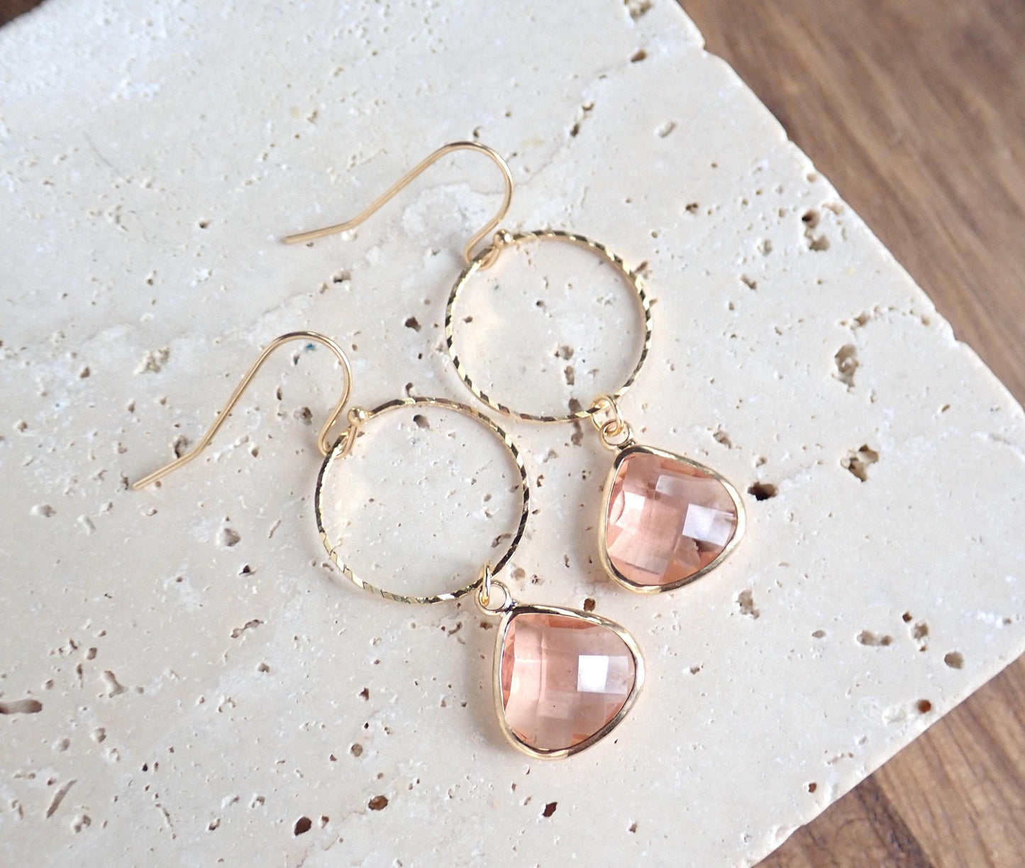 Rose Quartz Glass Dangle Hoop Earrings, Gold Hoop Earrings with Crystal Teardrop Charm, Gemstone Dangle Earrings, Jewelry Gift for Her