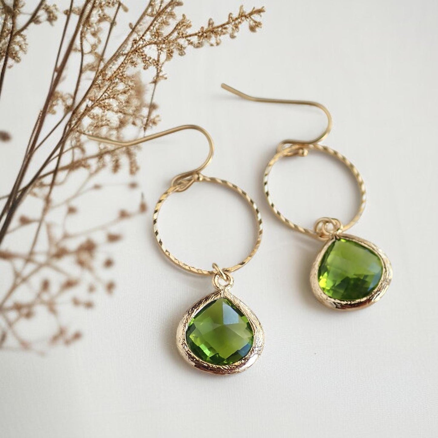 Peridot Crystal Drop Hoop Earrings, Green Crystal Dangle Earrings, August Birthstone Earrings