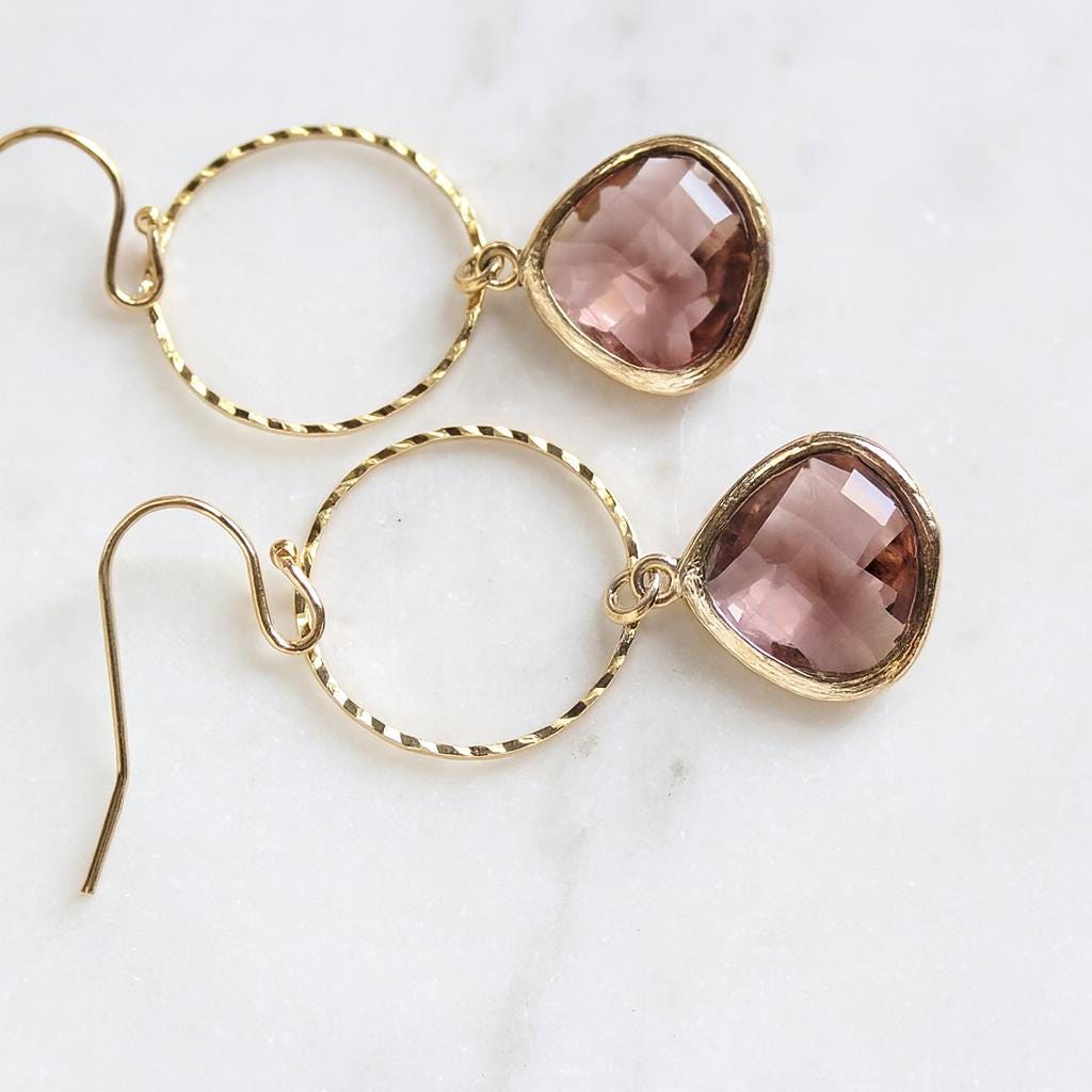 Dusty Rose Glass Charm Hoop Earrings, Gold Hoop Earrings with Crystal Teardrop, Gemstone Dangle Earrings
