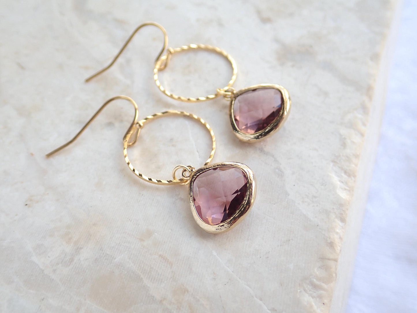 Dusty Rose Glass Charm Hoop Earrings, Gold Hoop Earrings with Crystal Teardrop, Gemstone Dangle Earrings