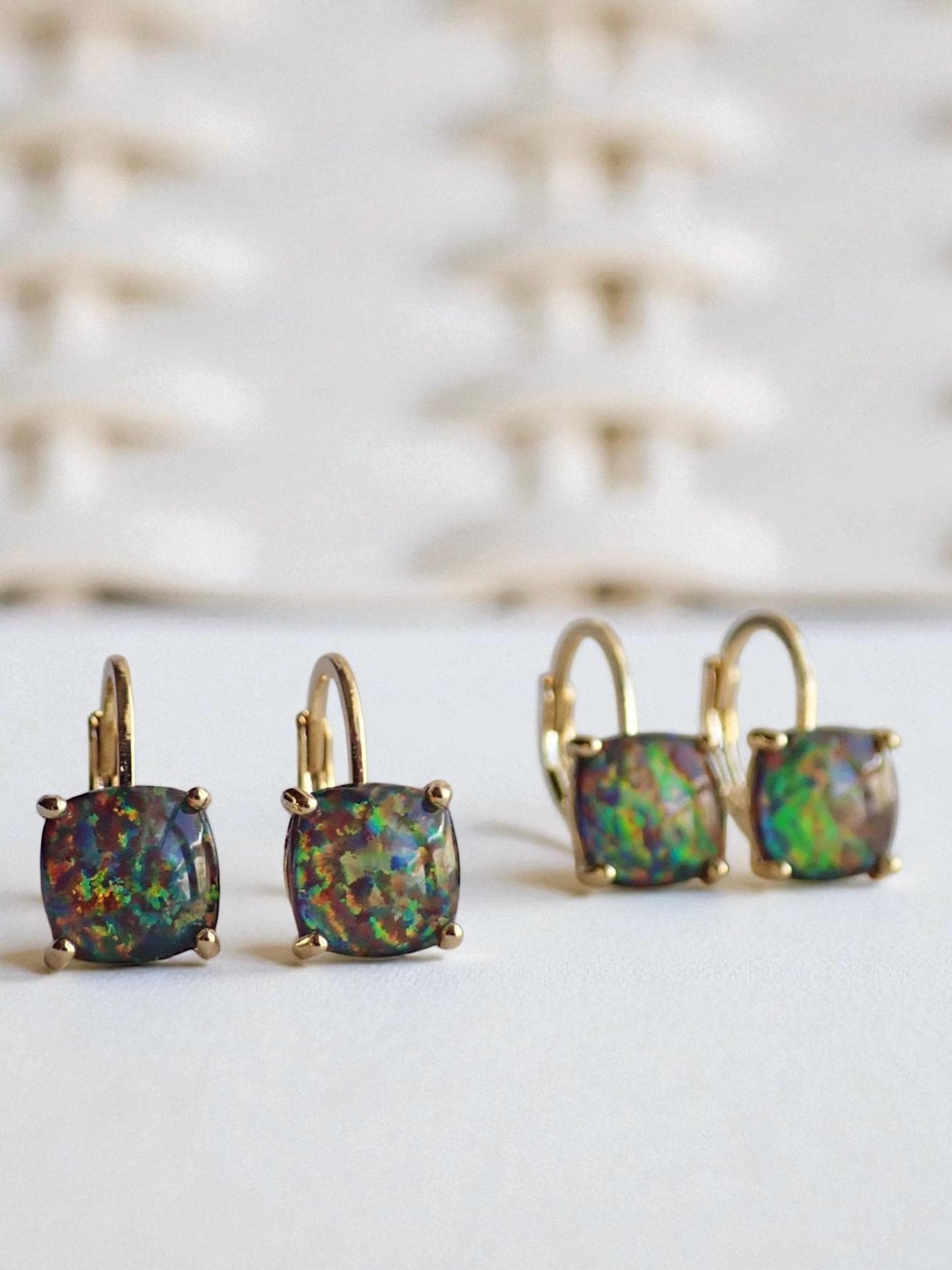 Black Opal Earrings Gold, Dainty Opal Dangle Earrings, October Birthday Gift
