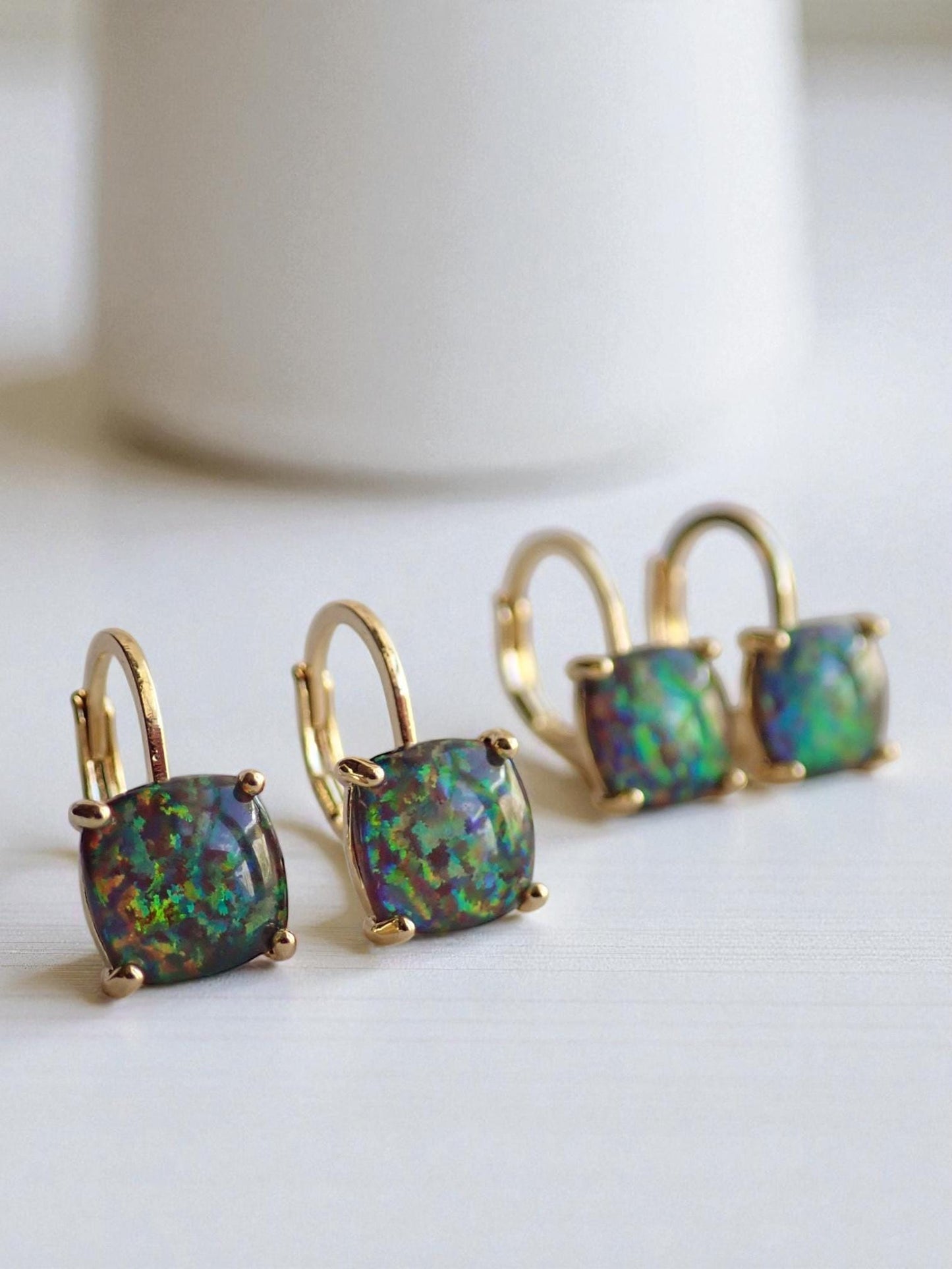 Black Opal Earrings Gold, Dainty Opal Dangle Earrings, October Birthday Gift