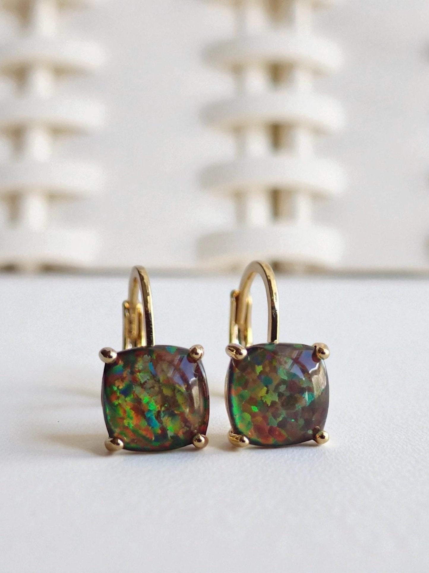 Black Opal Earrings Gold, Dainty Opal Dangle Earrings, October Birthday Gift