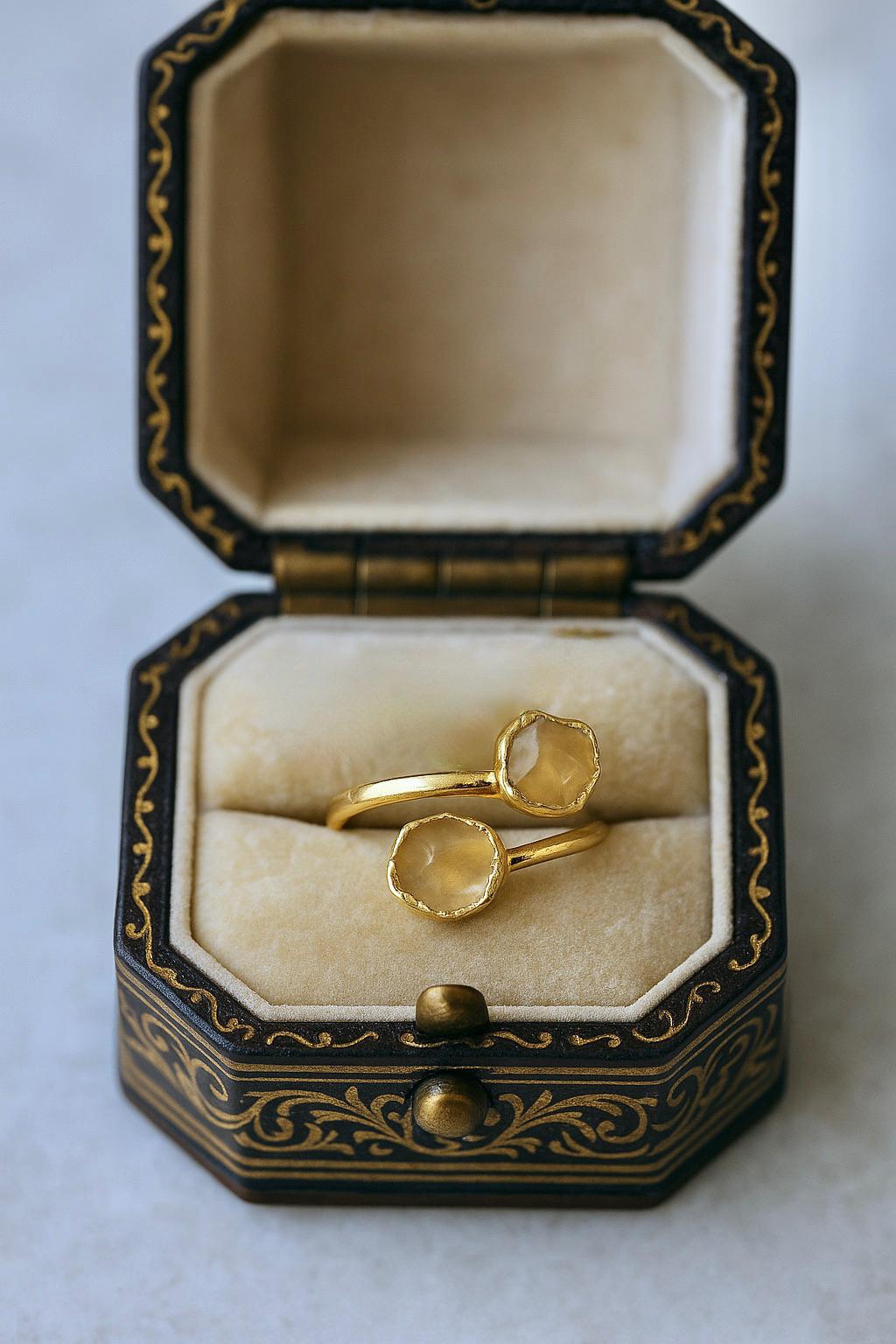 Raw Citrine Adjustable Ring – 14k Gold Open Wrap Ring with Two Natural Yellow Gemstones –November Birthstone Jewelry, Citrine Ring Gift