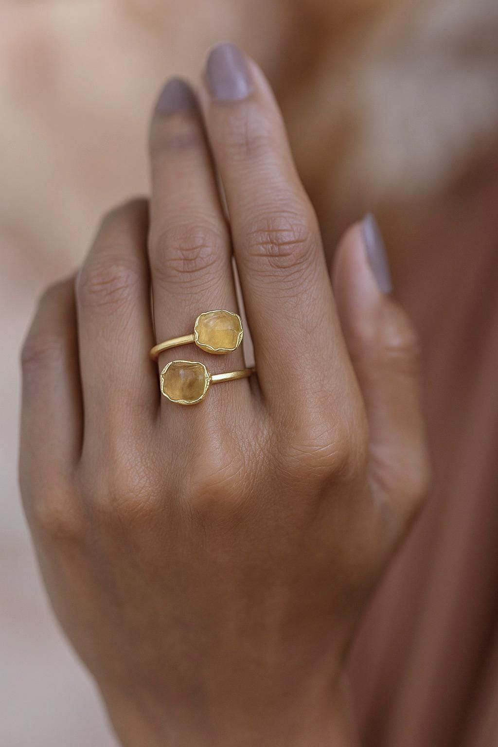 Raw Citrine Adjustable Ring – 14k Gold Open Wrap Ring with Two Natural Yellow Gemstones –November Birthstone Jewelry, Citrine Ring Gift
