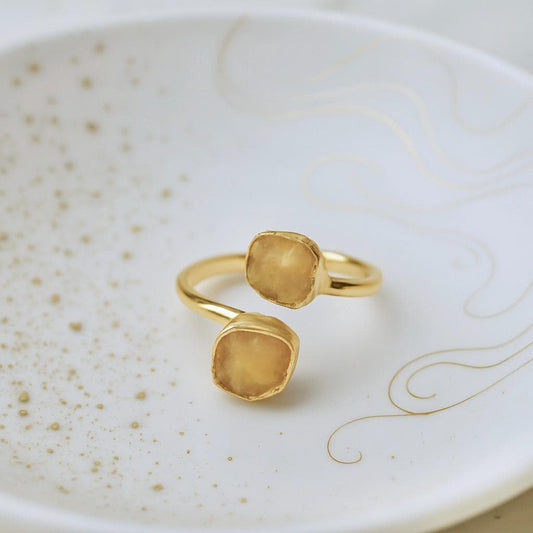 Raw Citrine Adjustable Ring – 14k Gold Open Wrap Ring with Two Natural Yellow Gemstones –November Birthstone Jewelry, Citrine Ring Gift