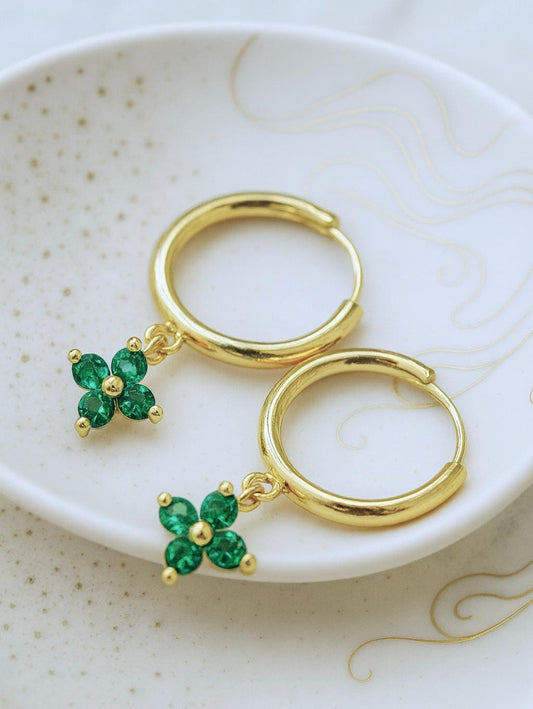 Gold Hoop Earrings with Green Crystal Flower Charms | Dainty Emerald Clover Hoops | Small Gold Dangle Hoops, Gemstone Jewelry Gift for Her
