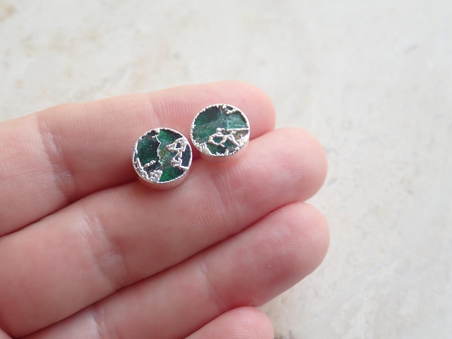 Emerald Green Mojave Gemstone Stud Earrings Silver | Dyed Jade Kintsugi Style Earrings, Round Minimalist Boho Post Earrings