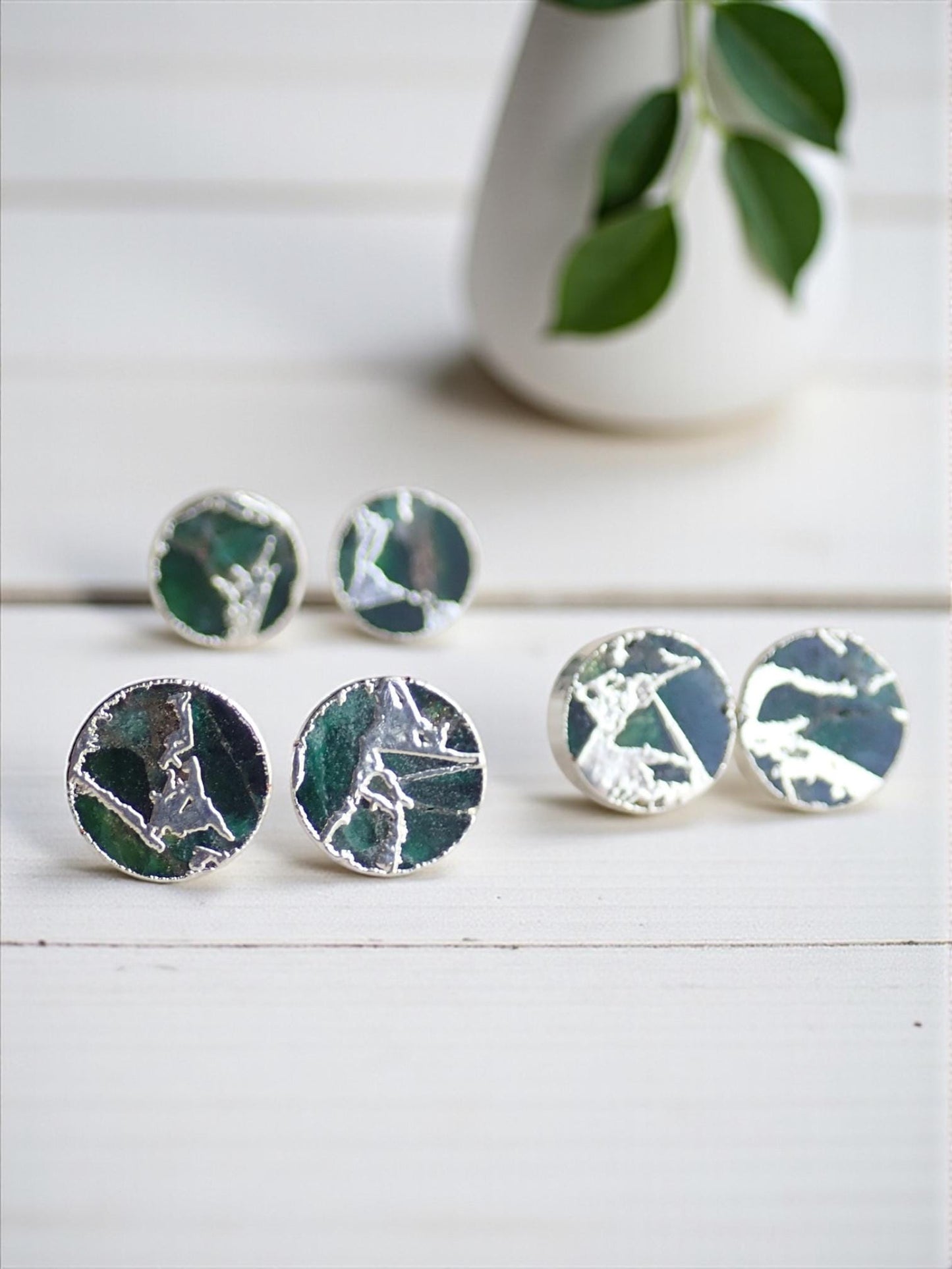 Emerald Green Mojave Gemstone Stud Earrings Silver | Dyed Jade Kintsugi Style Earrings, Round Minimalist Boho Post Earrings