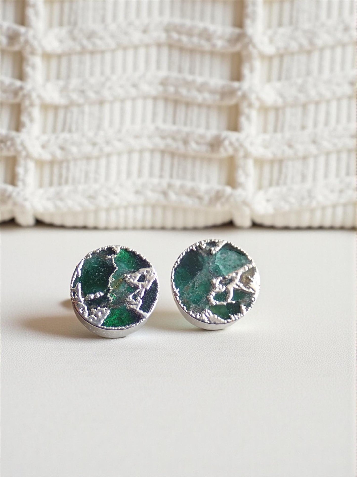 Emerald Green Mojave Gemstone Stud Earrings Silver | Dyed Jade Kintsugi Style Earrings, Round Minimalist Boho Post Earrings