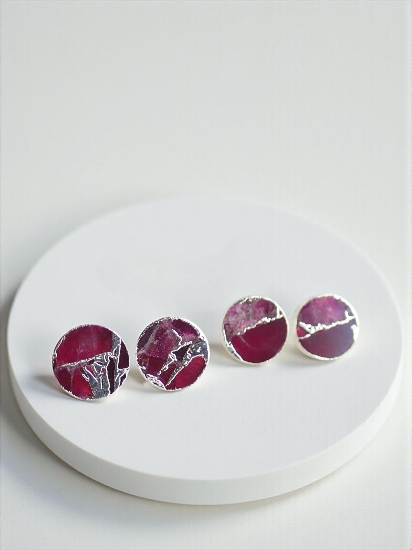 Berry Garnet Mojave Stud Earrings Silver – Round Gemstone Studs with Veining | Boho Minimalist Jewelry, January Birthstone Gift for Her