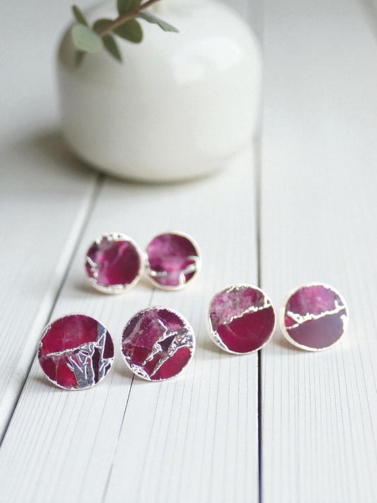 Berry Garnet Mojave Stud Earrings Silver – Round Gemstone Studs with Veining | Boho Minimalist Jewelry, January Birthstone Gift for Her