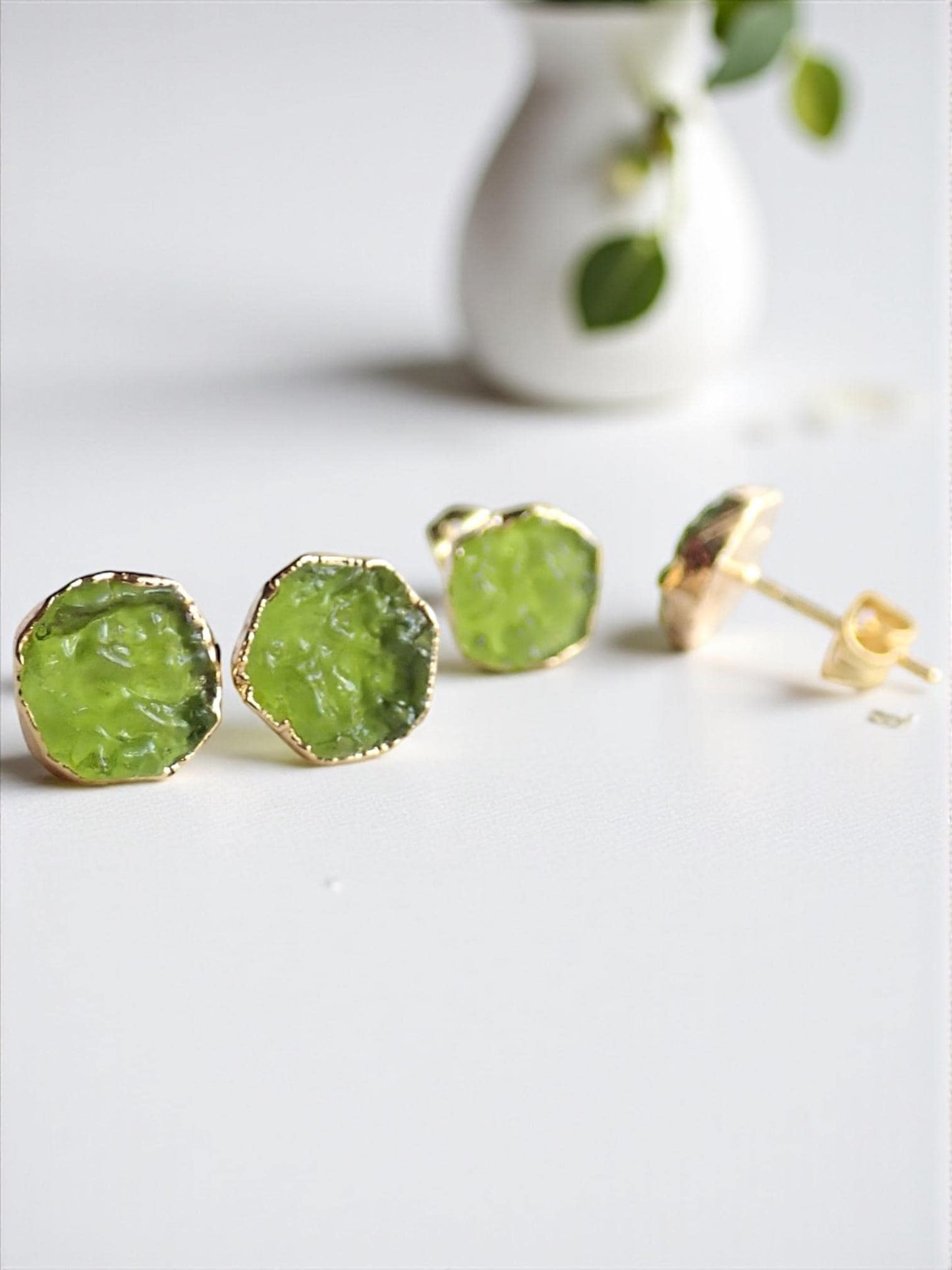 Raw Moldavite Stud Earrings, Man-made Gemstone Post Earrings, Lab-Created Green Crystal Earrings, August Birthstone Jewelry Gift