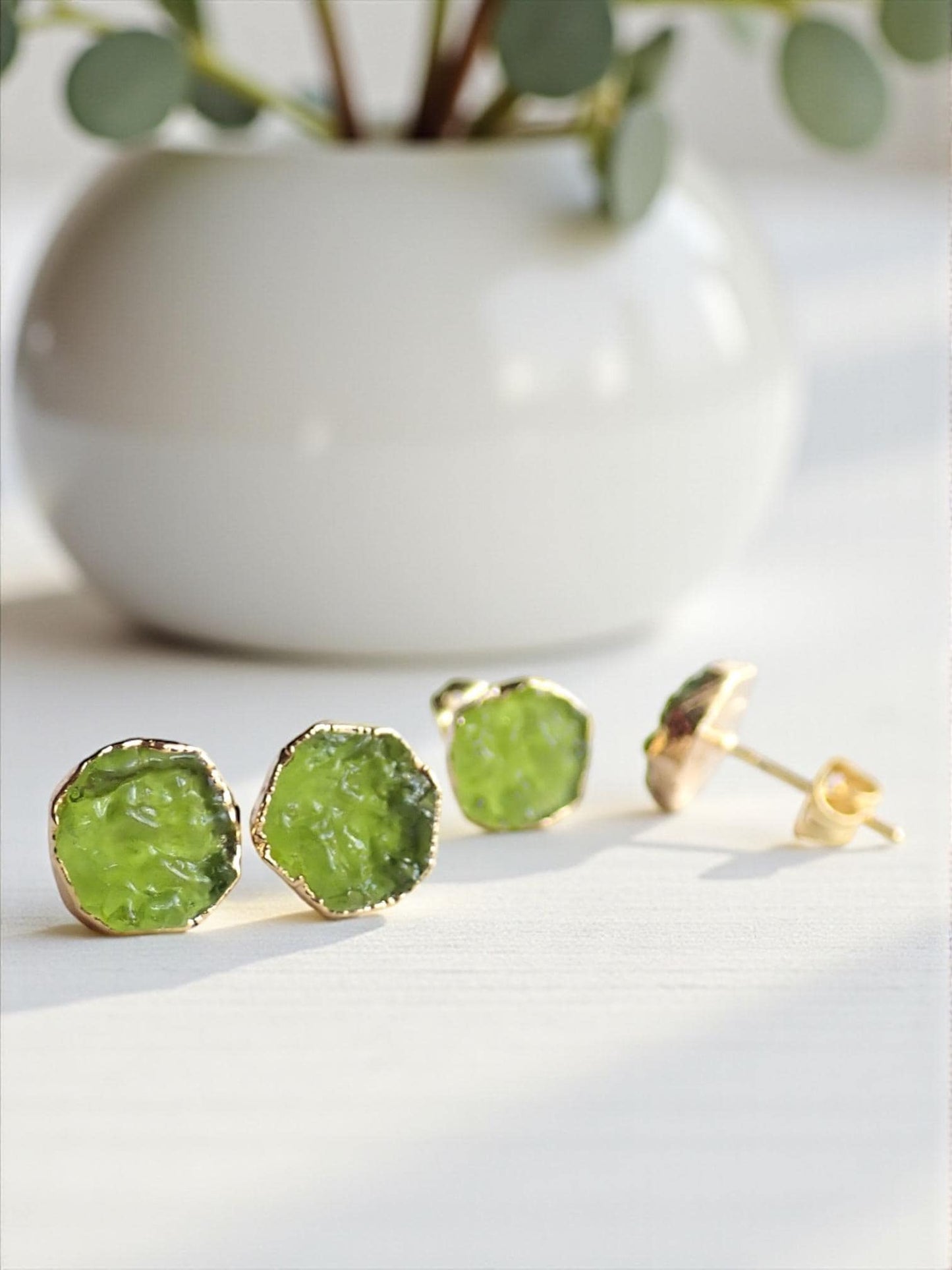 Raw Moldavite Stud Earrings, Man-made Gemstone Post Earrings, Lab-Created Green Crystal Earrings, August Birthstone Jewelry Gift