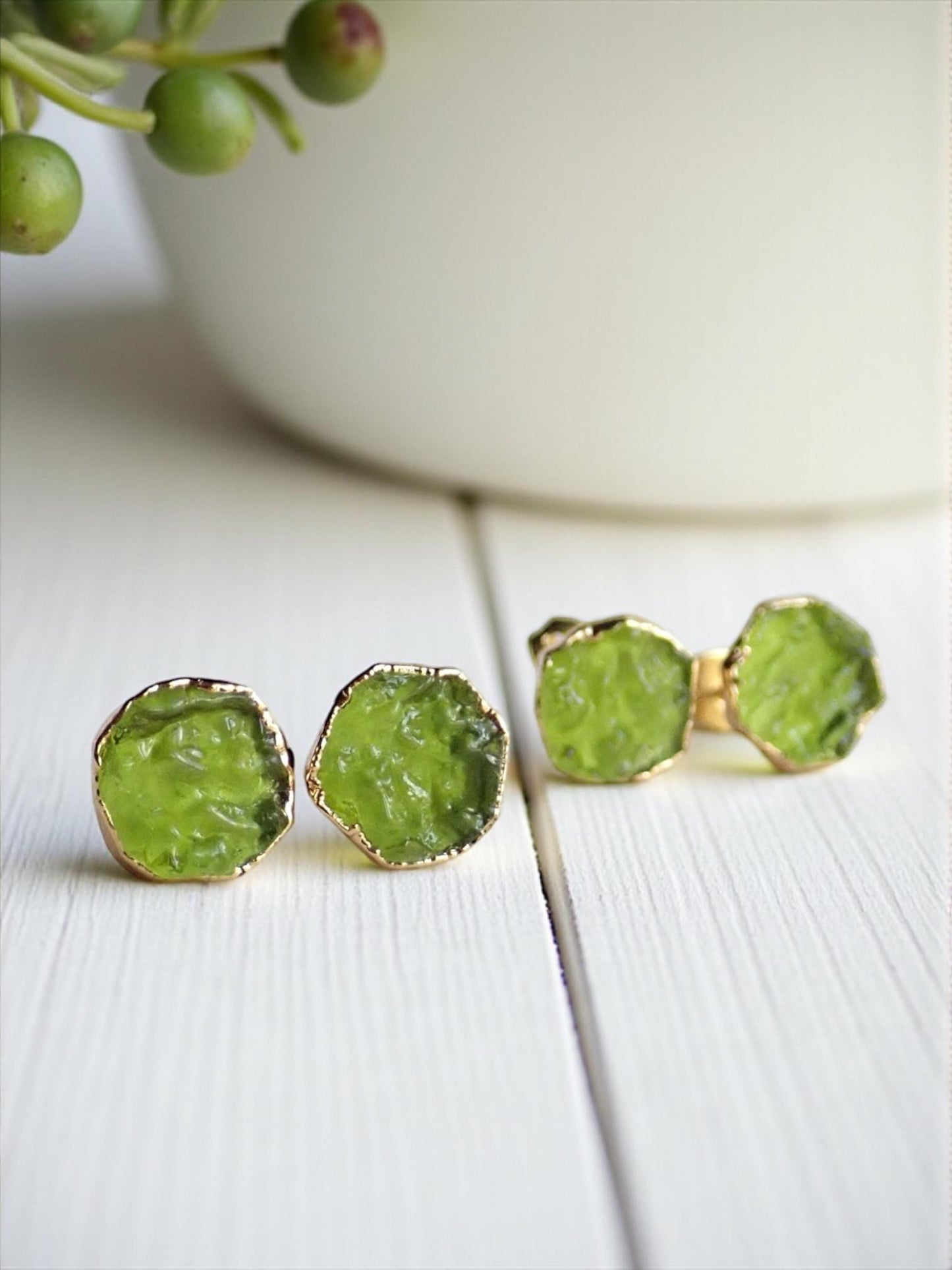 Raw Moldavite Stud Earrings, Man-made Gemstone Post Earrings, Lab-Created Green Crystal Earrings, August Birthstone Jewelry Gift