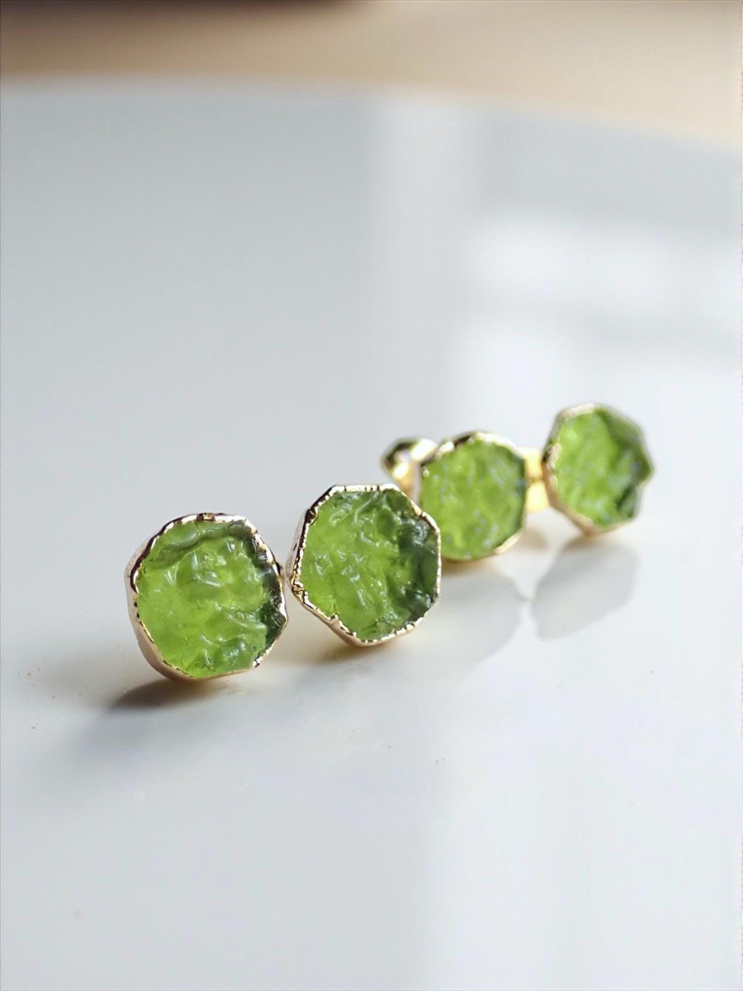Raw Moldavite Stud Earrings, Man-made Gemstone Post Earrings, Lab-Created Green Crystal Earrings, August Birthstone Jewelry Gift