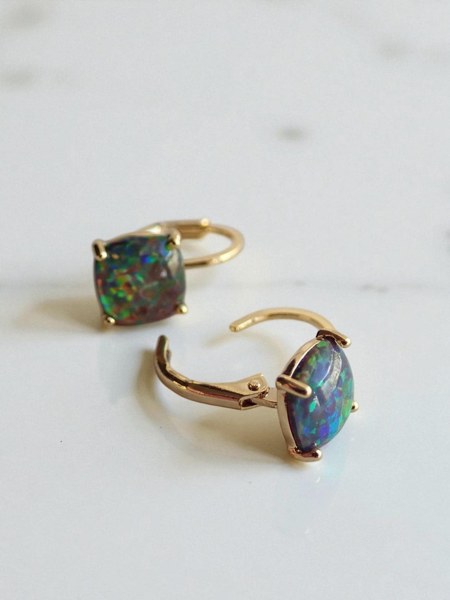 Black Opal Earrings Gold, Dainty Opal Dangle Earrings, October Birthday Gift