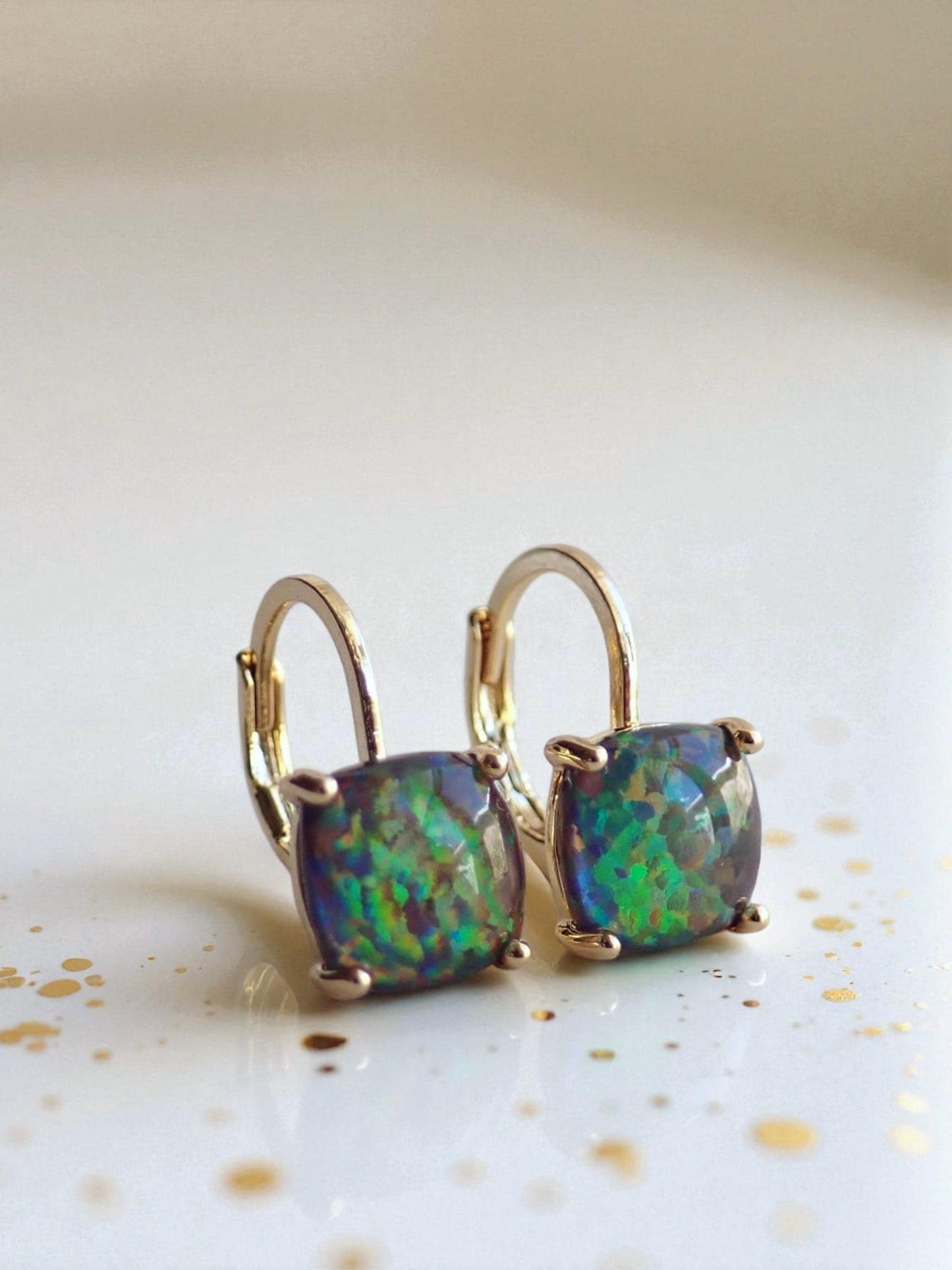 Black Opal Earrings Gold, Dainty Opal Dangle Earrings, October Birthday Gift