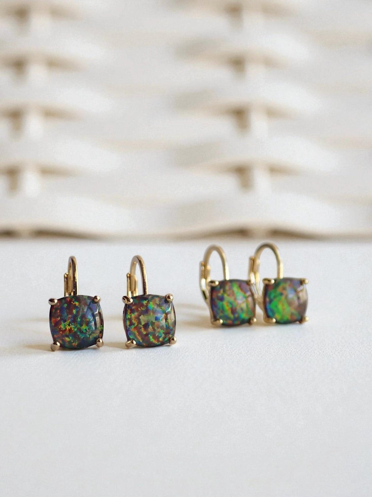 Black Opal Earrings Gold, Dainty Opal Dangle Earrings, October Birthday Gift